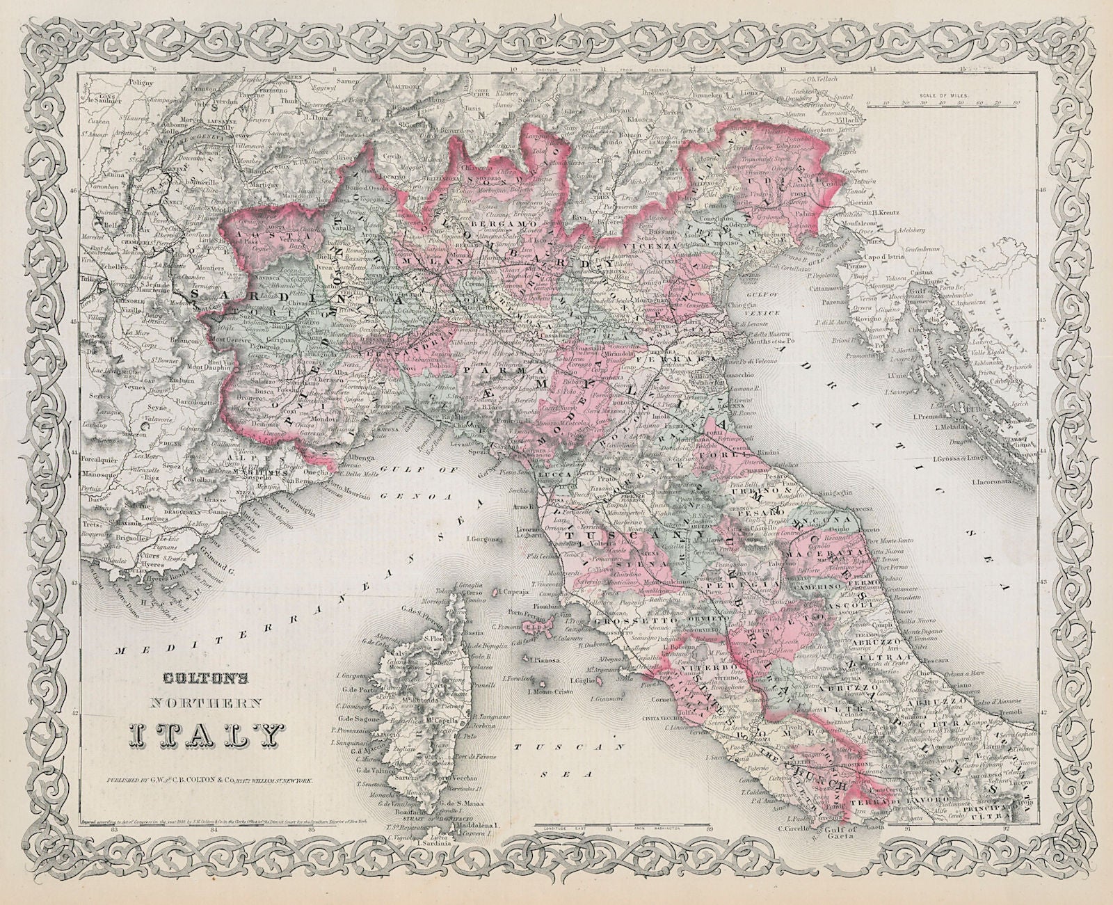 Colton's Northern Italy. Tuscany Piedmont Lombardy Venice 1869 old antique map
